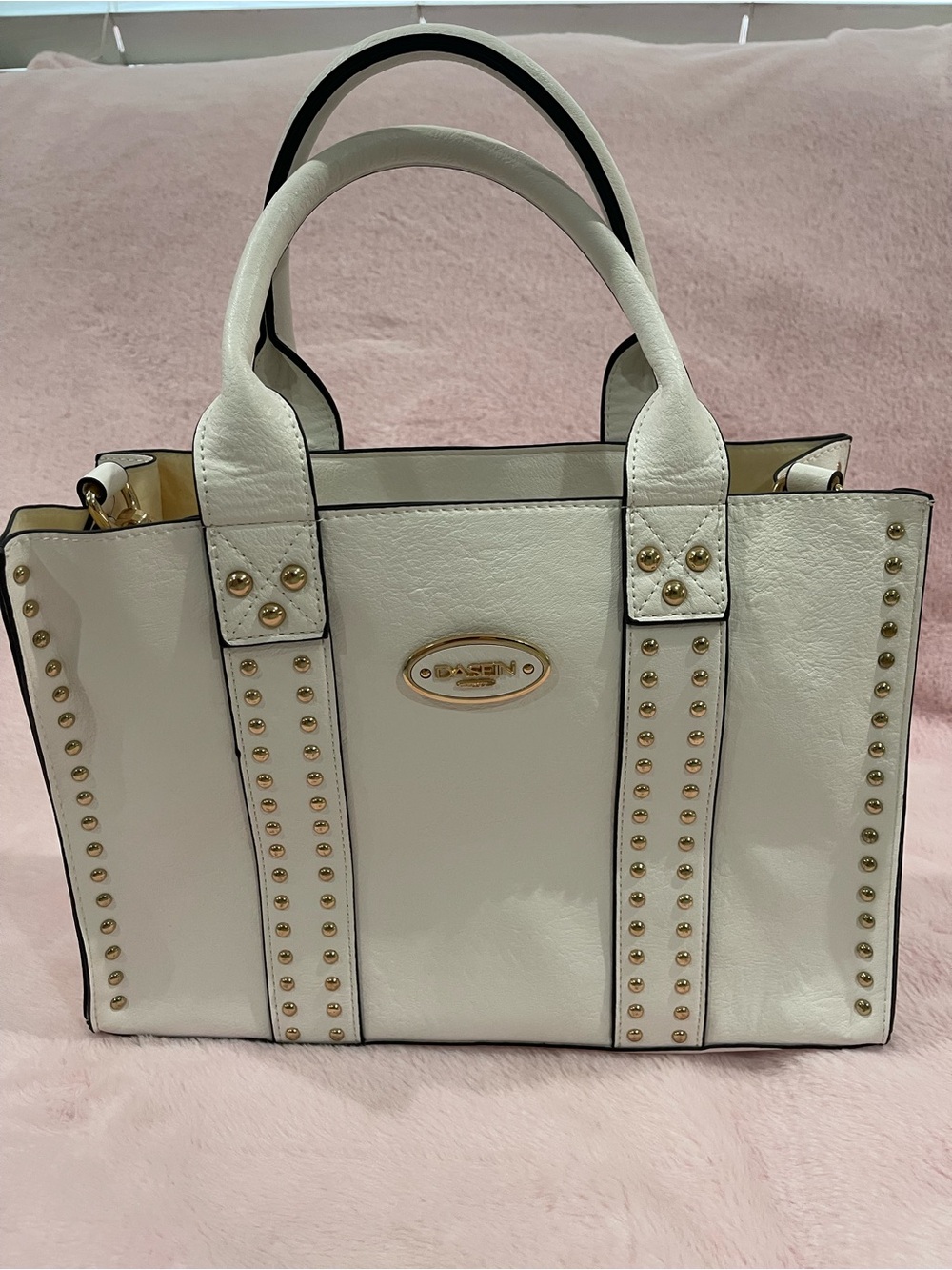 Dasein White Leather Studded Crossbody Tote